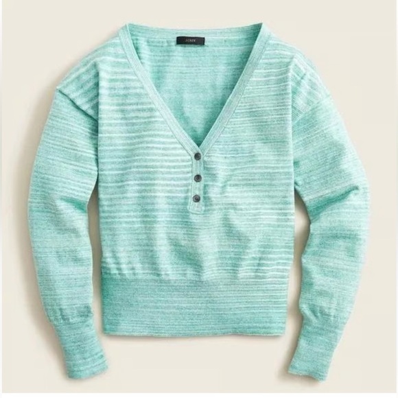 J. Crew | Green & White Striped Wide V-neck Henley Sweater - Picture 1 of 8